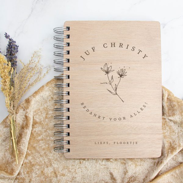 Houten Notitieboek Juf / Meester - Bloem
